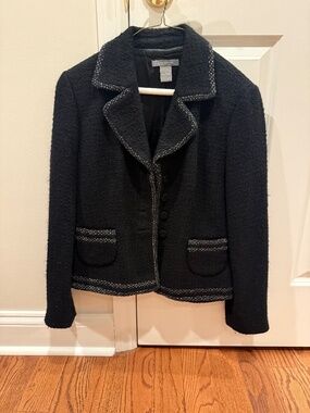 Ann Taylor Black Tweed Blazer Jacket Wool Blend Button Front Classic Size 6